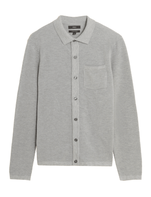 

Mens M&S Collection Cotton Blend Button Through Knitted Polo - Grey, Grey