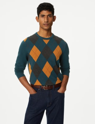 Pure Cotton Argyle Round Neck Jumper