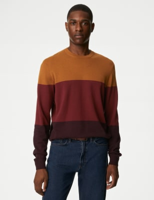 

Mens M&S Collection Pure Cotton Colour Block Crew Neck Jumper - Burgundy Mix, Burgundy Mix