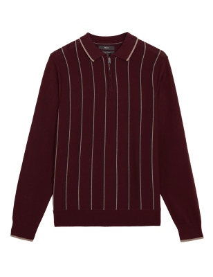 

Mens M&S Collection Strick-Poloshirt aus Baumwolle und Modal mit Streifenmuster - Burgundy Mix, Burgundy Mix