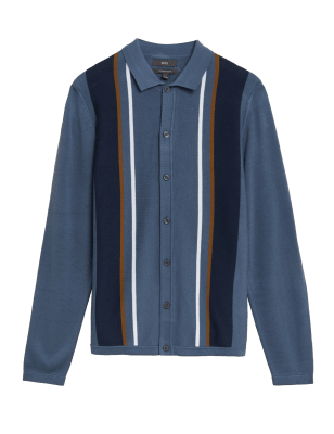

Mens M&S Collection Cotton Modal Striped Knitted Polo Shirt - Blue Mix, Blue Mix