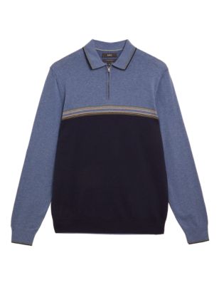 

Mens M&S Collection Cotton Rich Colour Block Knitted Polo Shirt - Blue Mix, Blue Mix