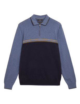 

Mens M&S Collection Cotton Rich Colour Block Knitted Polo Shirt - Blue Mix, Blue Mix