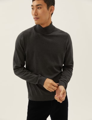 Marks And Spencer Mens M&S Collection Cotton Rich Roll Neck Jumper - Charcoal, Charcoal