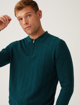 

Mens M&S Collection Cotton Modal Textured Knitted Polo Shirt - Green, Green