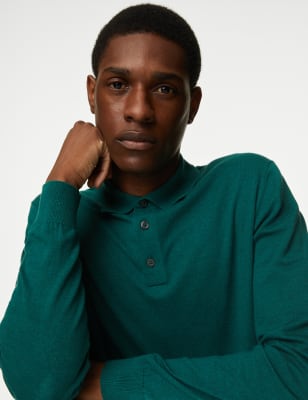 

Mens M&S Collection Strick-Poloshirt mit hohem Baumwollanteil und Kontrastelementen - Bottle Green, Bottle Green