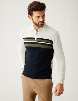 

Mens M&S Collection Cotton Rich Striped Knitted Polo Shirt - Ecru Mix, Ecru Mix