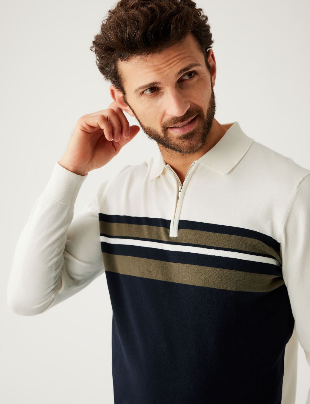 Cotton Rich Striped Knitted Polo Shirt image 2
