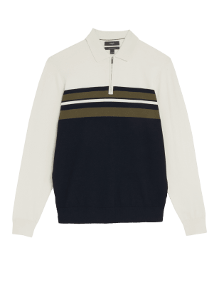 

Mens M&S Collection Cotton Rich Striped Knitted Polo Shirt - Ecru Mix, Ecru Mix