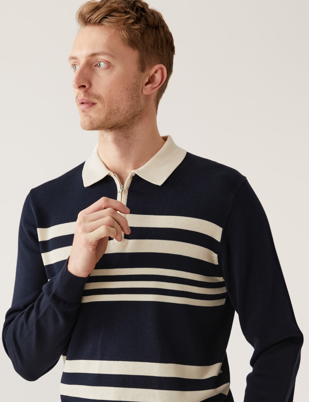 Cotton Modal Striped Knitted Polo Shirt image 1