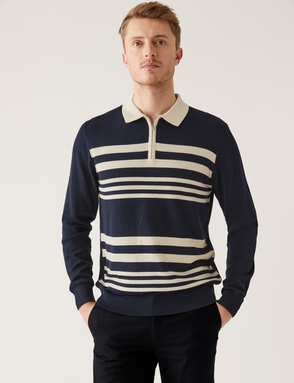 Cotton Modal Striped Knitted Polo Shirt image 3