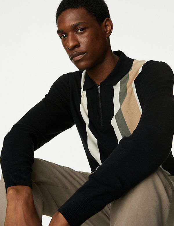 Cotton Rich Striped Knitted Polo Shirt - BE