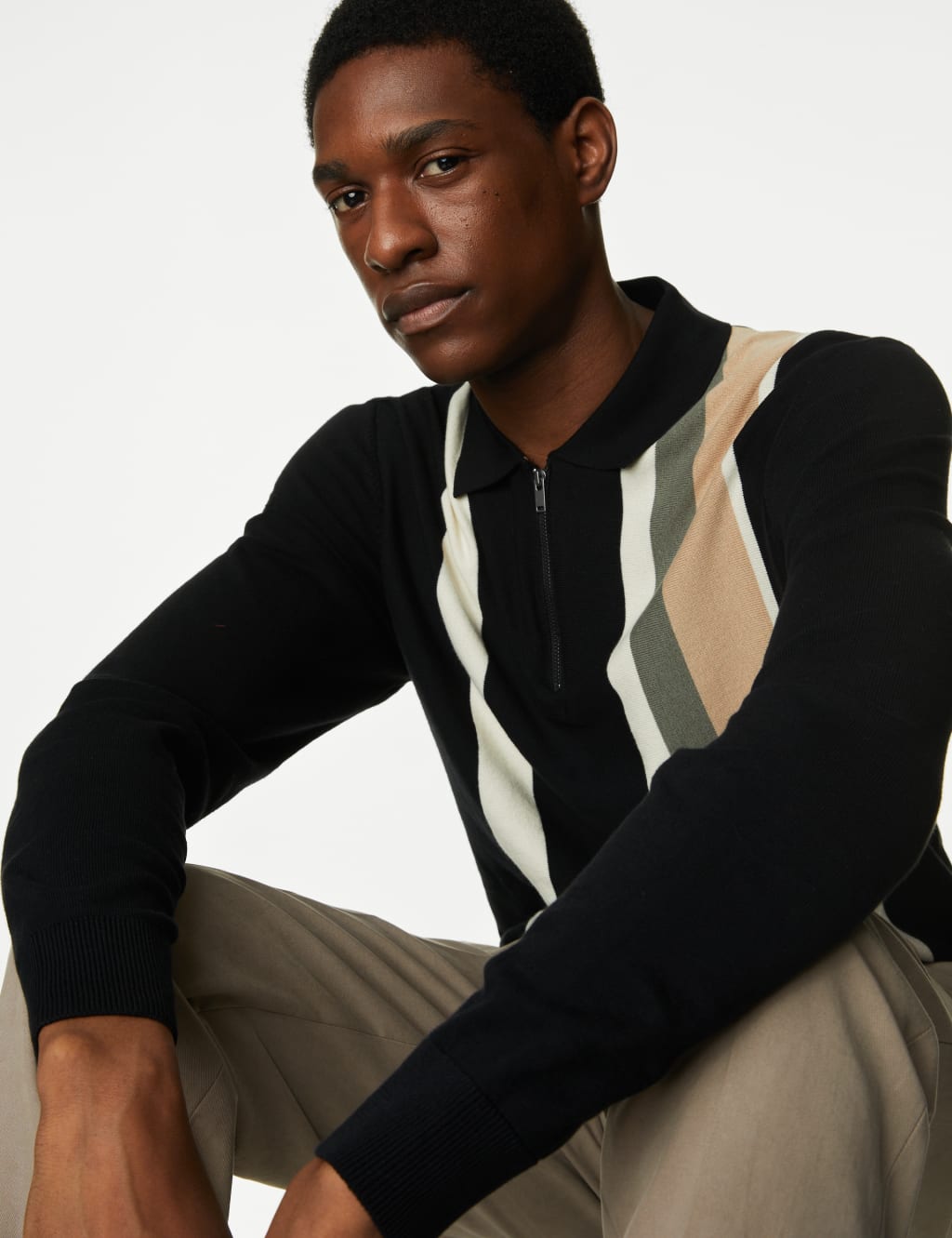 Cotton Rich Striped Knitted Polo Shirt image 1