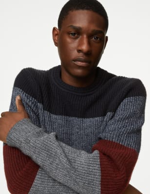 

Mens M&S Collection Chunky Colour Block Crew Neck Jumper - Multi, Multi