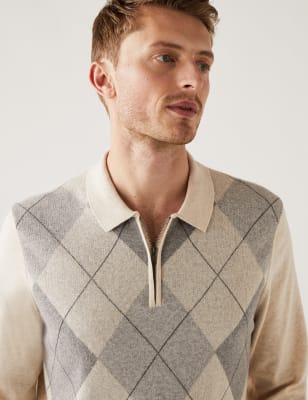 

Mens M&S Collection Strick-Poloshirt mit hohem Baumwollanteil und Argyle-Muster - Ecru Mix, Ecru Mix