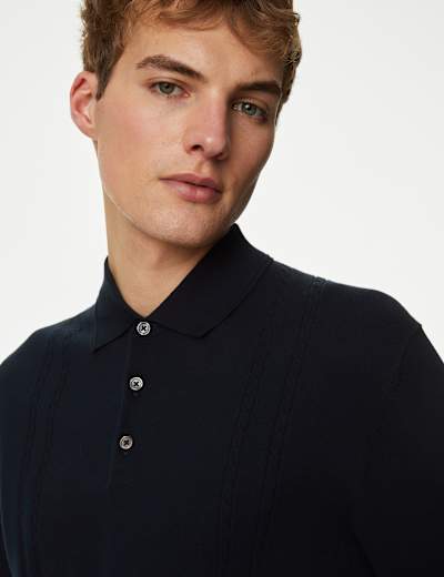 Cotton Rich Cable Knit Polo Shirt