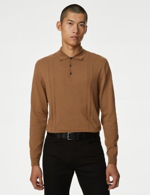 Cotton Rich Cable Knit Polo Shirt - CN