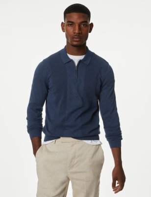 

Mens M&S Collection Strick-Poloshirt mit hohem Baumwollanteil und Reißverschluss - Denim, Denim