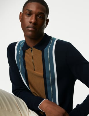 

Mens M&S Collection Cotton Rich Striped Knitted Polo Shirt - Navy, Navy