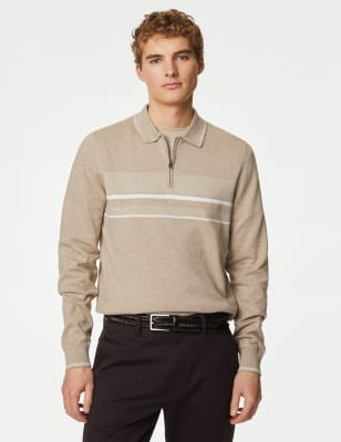 

Mens M&S Collection Gestricktes Poloshirt mit hohem Baumwollanteil und Streifenmuster - Neutral, Neutral