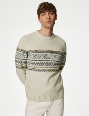 

Mens M&S Collection Fair Isle Crew Neck Jumper - Neutral, Neutral