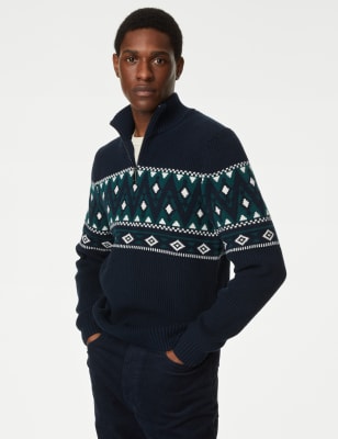 

Mens M&S Collection Cotton Blend Fair Isle Zip Up Jumper - Navy Mix, Navy Mix