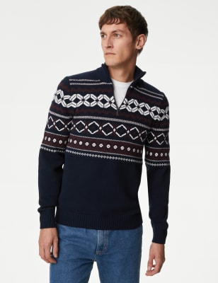 Cotton Blend Fair Isle Zip Up Jumper