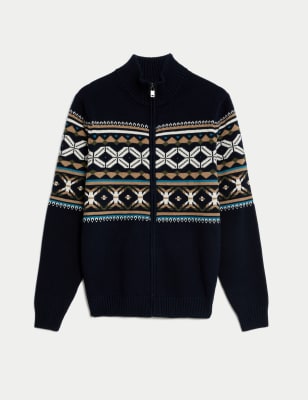 Cotton Blend Fairisle Zip Up Cardigan - ID