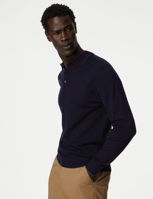 Marks And Spencer Mens M&S Collection Cotton Rich Tipped Knitted Polo Shirt - Navy, Navy