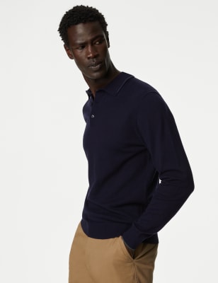 

Mens M&S Collection Strick-Poloshirt mit hohem Baumwollanteil und Kontrastelementen - Navy, Navy