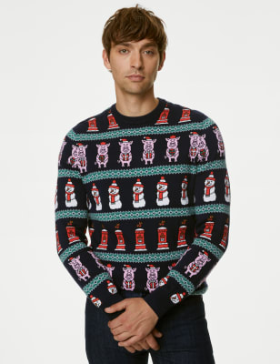 

Mens M&S Collection Pure Cotton Percy Pig™ Christmas Jumper - Navy Mix, Navy Mix