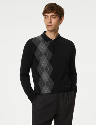 

Mens M&S Collection Cotton Rich Argyle Knitted Polo Shirt - Black, Black