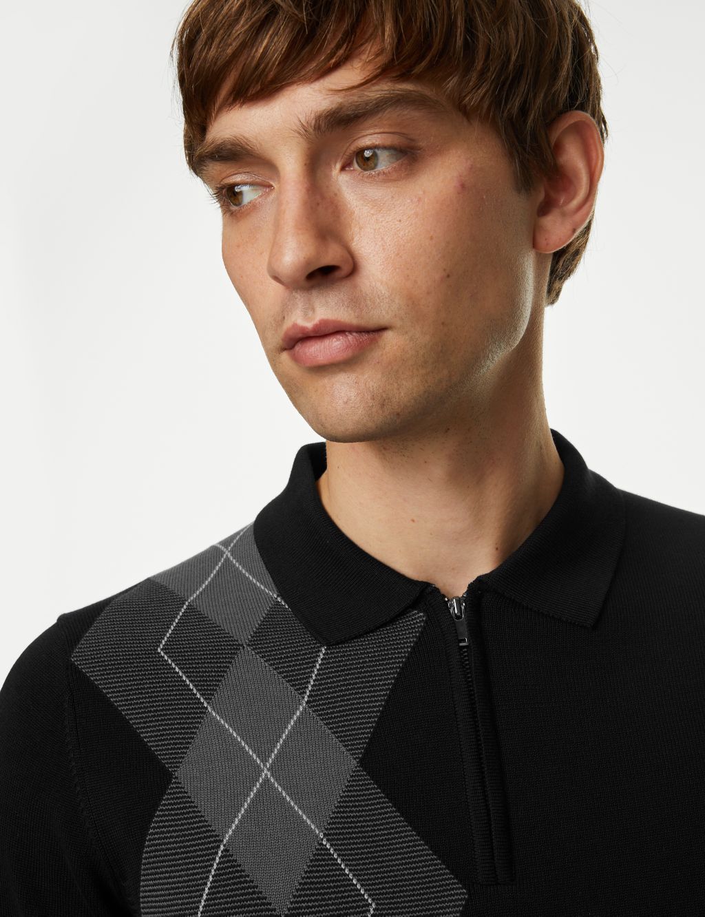 Cotton Rich Argyle Knitted Polo Shirt image 4