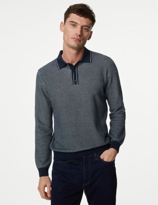 M&S Mens Cotton Rich Tipped Collar Textured Polo Shirt - SREG - Navy Mix, Navy Mix,Neutral