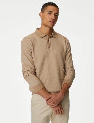 

Mens M&S Collection Strukturiertes Poloshirt mit hohem Baumwollanteil und Kontraststreifen am Kragen - Neutral, Neutral