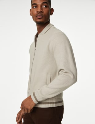 Cotton Blend Zip Up Knitted Bomber