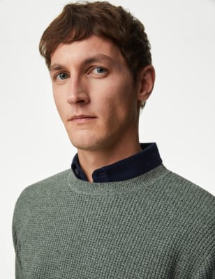 Cotton Blend Textured Crew Neck Jumper - NZ