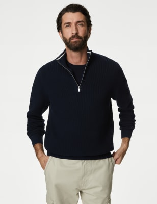 

Mens M&S Collection Pullover aus Baumwollmischung mit halbem Reißverschluss und Strukturmuster - Navy, Navy