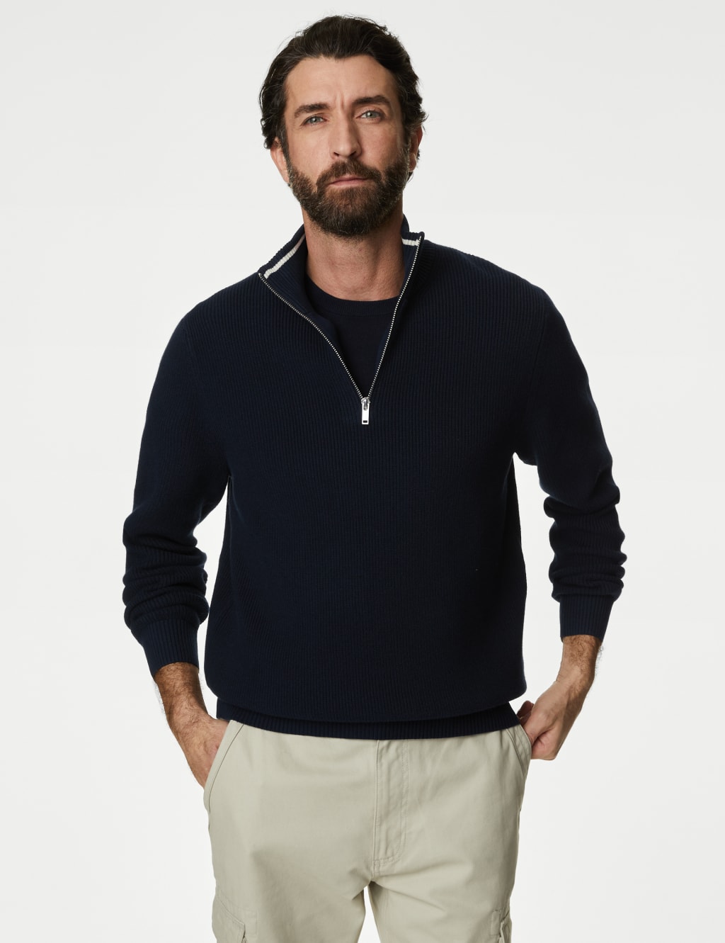 Cotton Blend Textured Half Zip Jumper