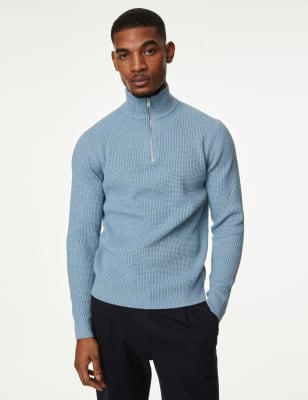 Cotton Blend Textured Half Zip Funnel Neck Jumper