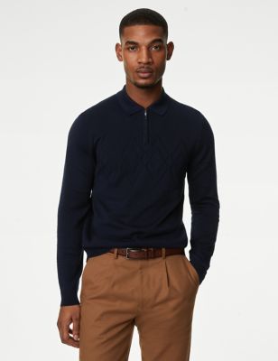 M&S Mens Cotton Rich Long Sleeve Knitted Polo Shirt - XLLNG - Navy, Navy,Ecru