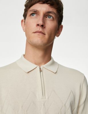 M&S Mens Cotton Rich Long Sleeve Knitted Polo Shirt - SREG - Ecru, Ecru,Navy