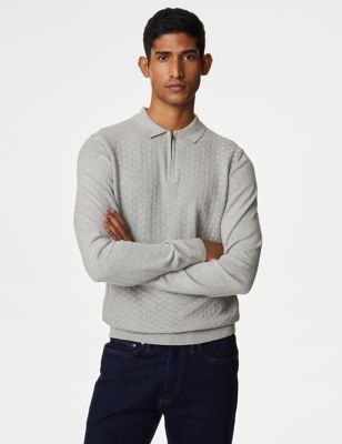 M&S Men's Cotton Rich Textured Knitted Polo Shirt - SREG - Grey, Grey,Navy