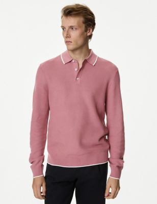 M&S Men's Cotton Rich Textured Knitted Polo Shirt - MLNG - Rose, Rose,Neutral
