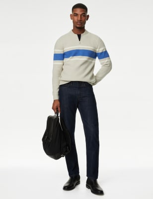 Cotton Blend Striped Half Zip Jumper