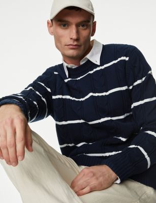 M&S Men's Cotton Blend Striped Textured Jumper - XXXXLLNG - Navy, Navy,Ecru