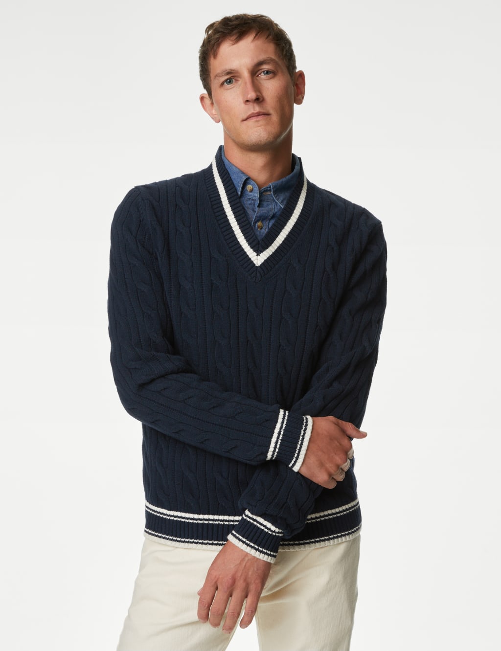 Cotton Blend Ribbed V-Neck Jumper