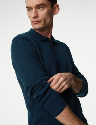 

M&S Collection Polo de punto acanalado con algodónMens - Dark Navy, Dark Navy