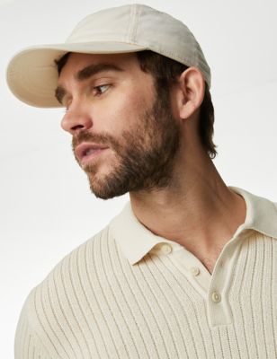M&S Men's Cotton Blend Ribbed Knitted Polo Shirt - XXXLREG - Ecru, Ecru,Dark Navy