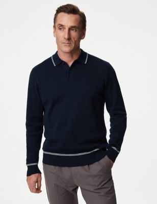 M&S Mens Pure Supima® Cotton Tipped Knitted Polo Shirt - XXLREG - Navy, Navy,Ecru